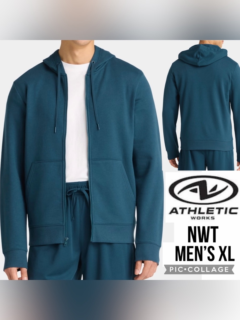 NWT Athletic Works Mens Hoodie Fleece Full Zip Jacket Dark Harbour Teal Size XL